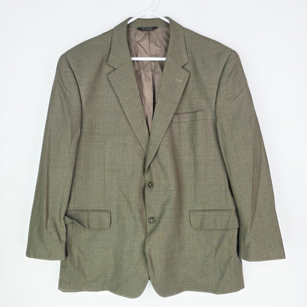 Jos. A. Bank Mens 48R Sport Coat Blazer Olive Green/Blue Micro Check 100% Wool